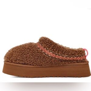 UGG Tazz Heritage Braid- Brown Shearling Mules with Pink Accents